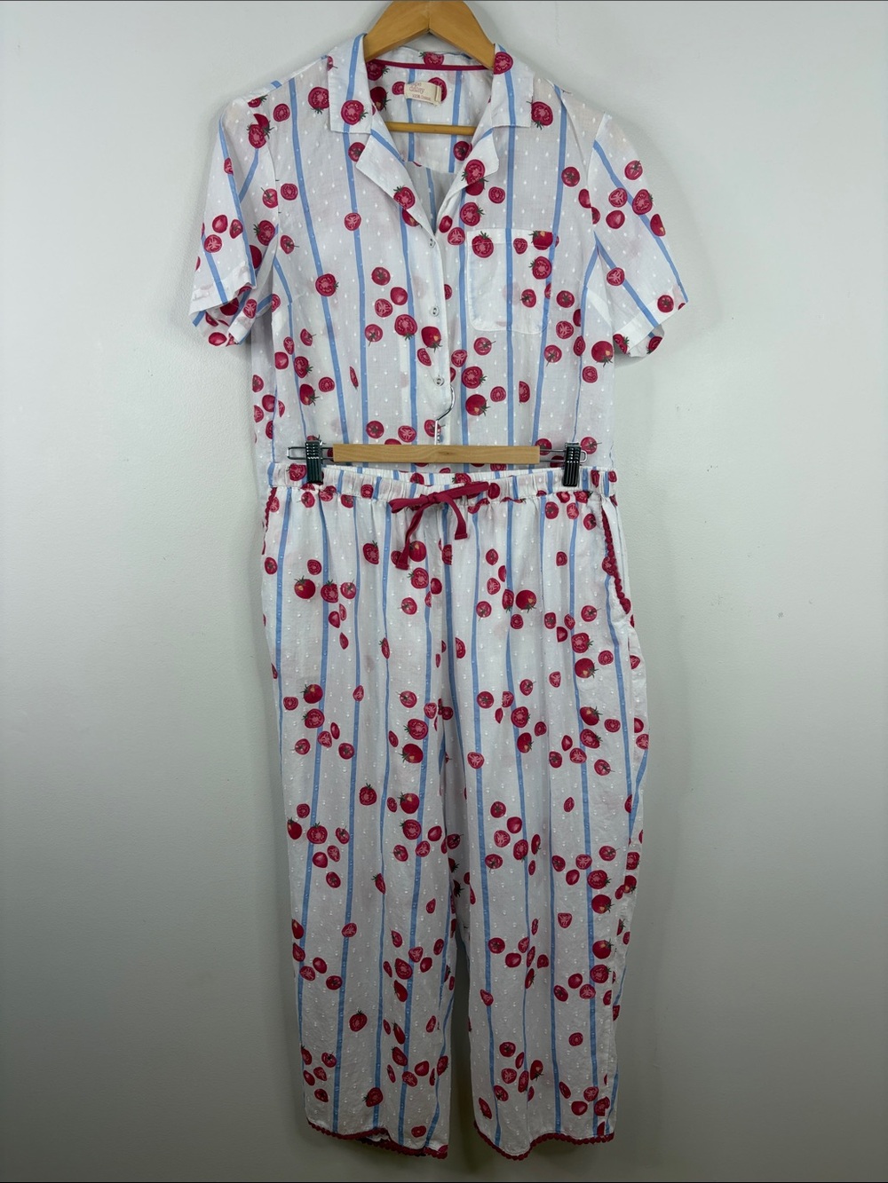 Cotton Pajamas Womens Small White Red Cotton Tomatoes Swiss Dot Whimsical PJs